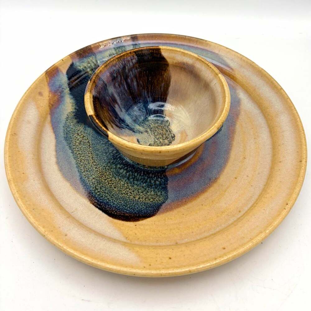 Signed Art Pottery Ceramic Cup & Saucer Set Beige Blue Brown Glossy Glaze